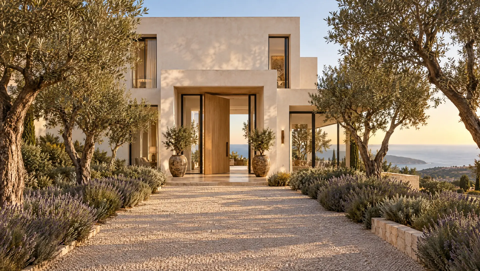 Façade blanche de la villa au bout d'une allée de gravier bordée d'oliviers et de lavandes, la mer au loin