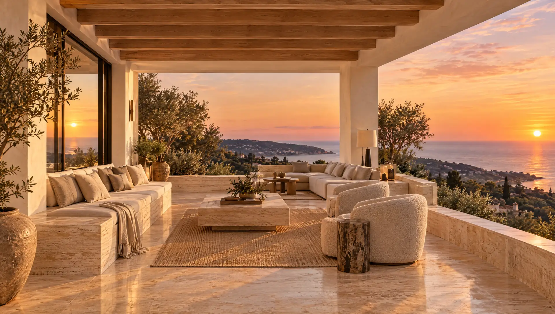 Toit-terrasse au coucher du soleil, banquette en travertin et canapés, vue à 270 degrés sur les collines et la mer